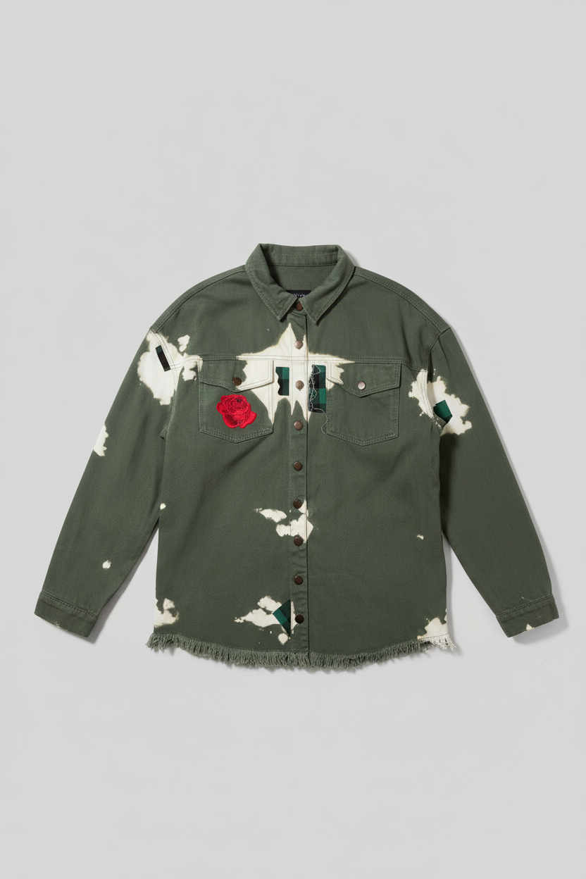 Enhanced olive green jacket with rose embroidery