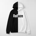 please make a split black and white hoody with these exact words across the chest ReFuZe