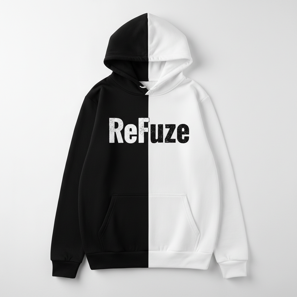 please make a split black and white hoody with these exact words across the chest ReFuZe